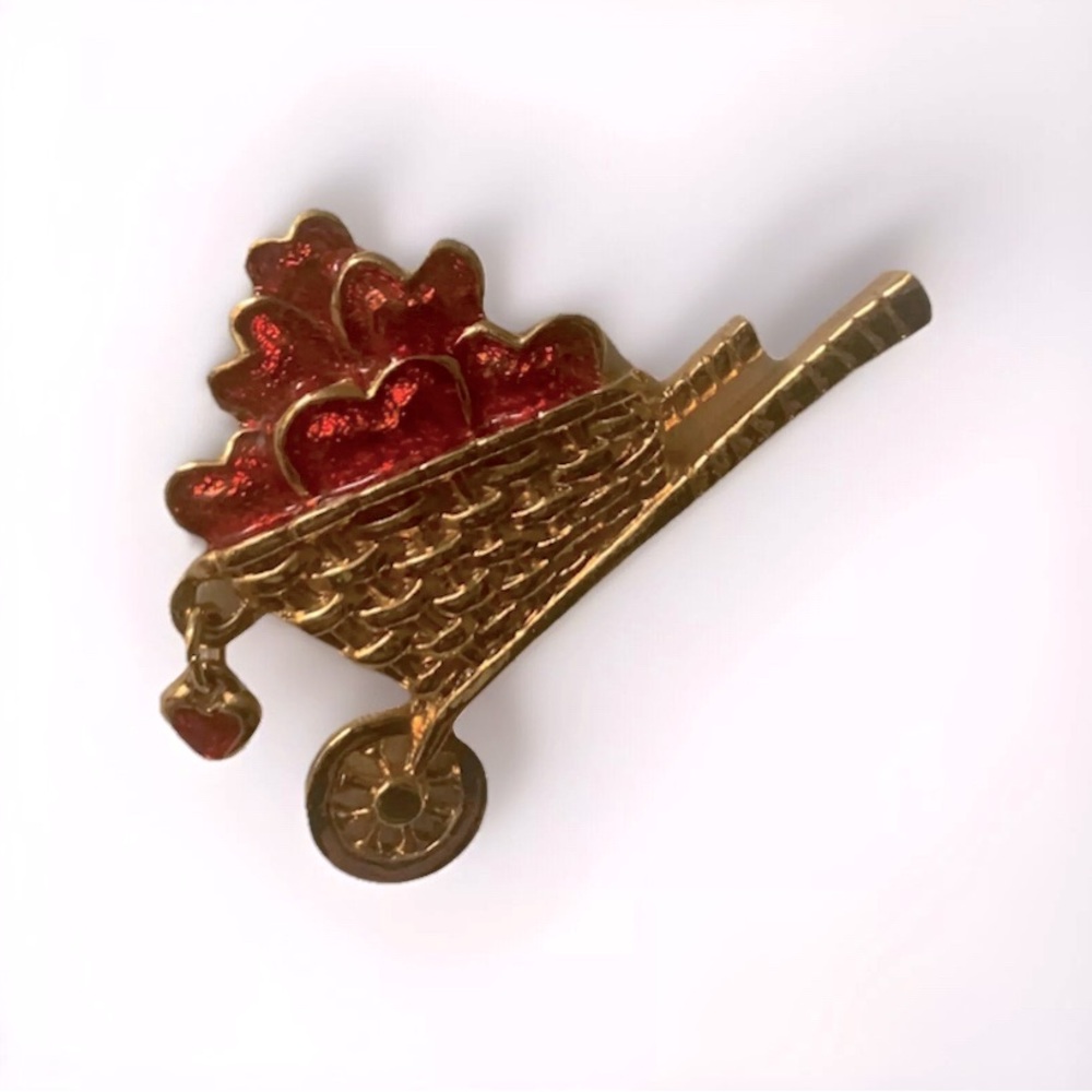 Vintage 1992 AVON Red Enamel 'Garden of Love' Pin. Cart with Red Enamel Hearts